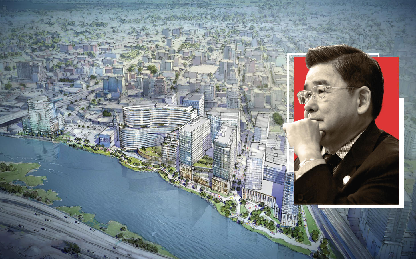 A rendering of the Flushing waterfront and Council member Peter Koo (Rendering via Hill West Architects; New York City Council)