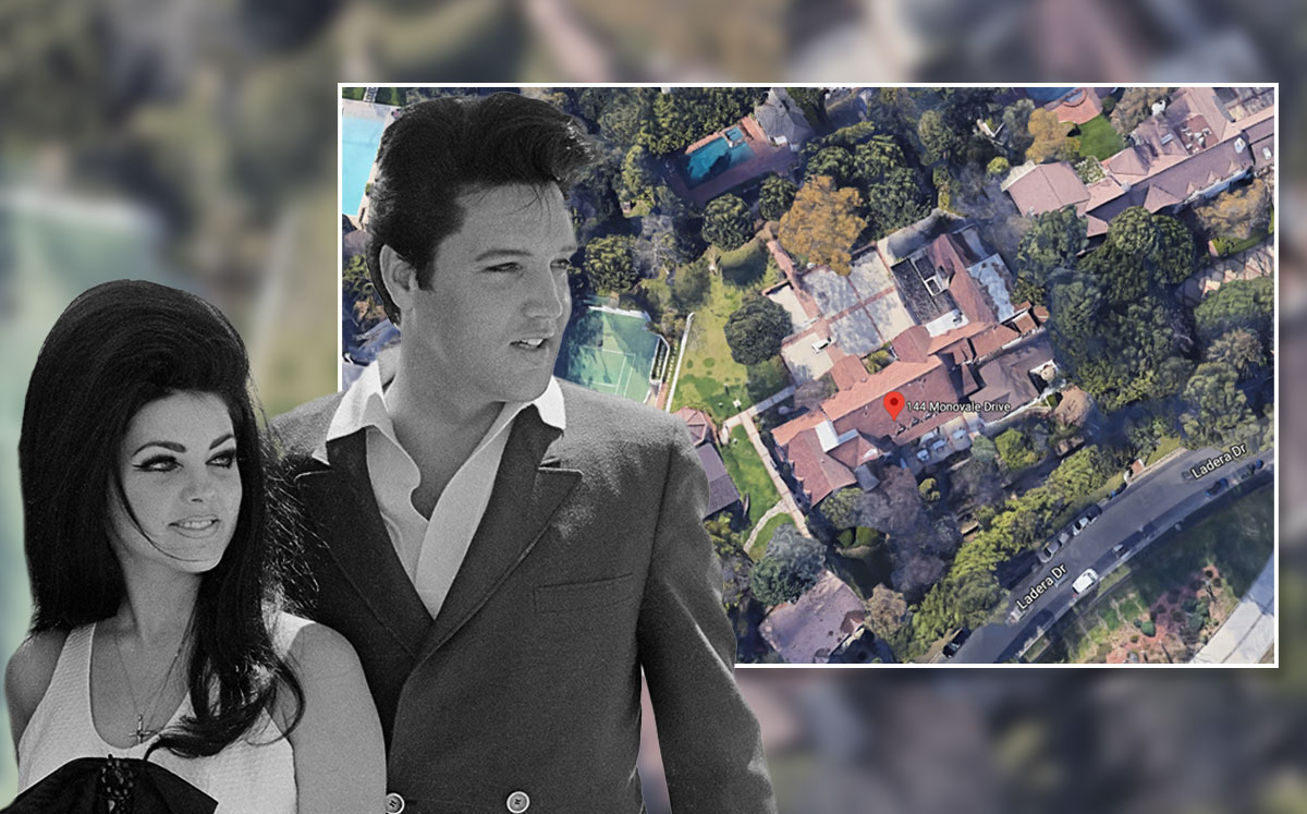 Elvis and Priscilla Presley with the home (Credit; Bettmann/Getty Images)
