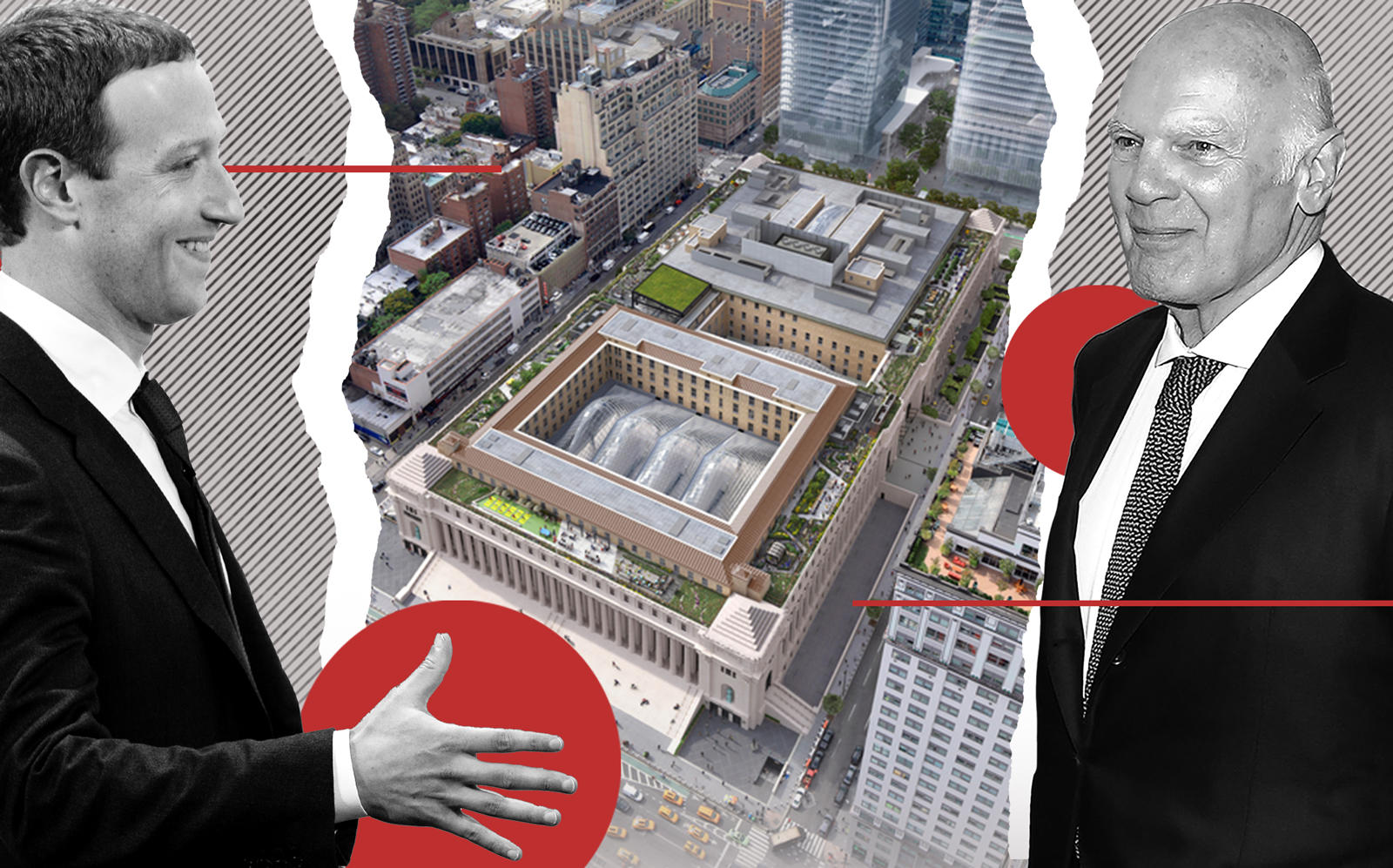 Facebook CEO Mark Zuckerberg, a rendering of the Farley Post Office building redevelopment and Vornado's Steve Roth (Credit: Getty Images, VNO)