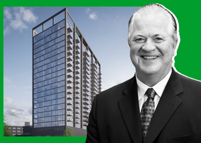 Marquette Companies CEO Nick Ryan and a rendering of 1400 West Randolph Street (Credit: Marquette Companies and Brininstool + Lynch)