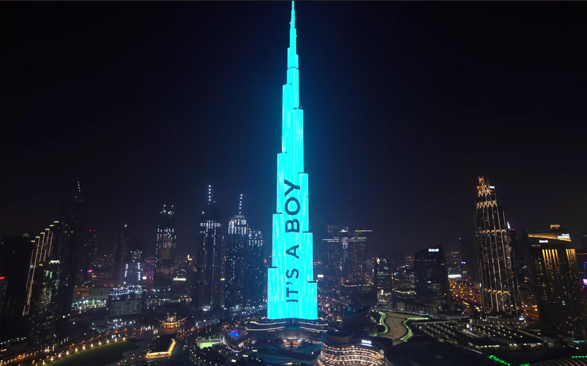 The world’s tallest tower, Dubai’s Burj Khalifa, became the centerpiece of an over-the-top gender reveal party for a local influencer couple. (Credit: Anas and Asala Marwah via YouTube)