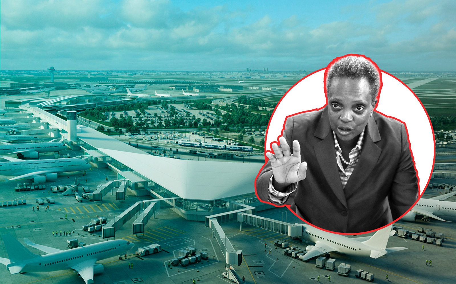 Mayor Lori LightfootLightfoot and a rendering of O’Hare International Airport (Photos via Getty; HOK)