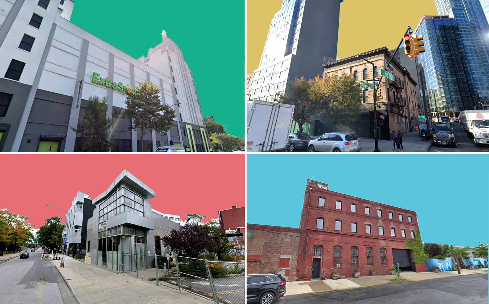 Clockwise from left: 950 University Avenue in the Bronx, 27-55 Jackson Avenue in Queens, 149 Pioneer Street in Red Hook and 416 Metropolitan Avenue in Williamsburg (Google Maps)