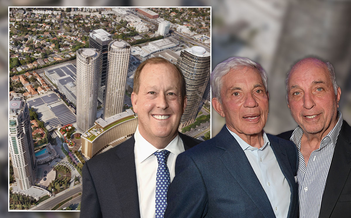 Michael Rosenfeld,,Simon Reuben and David Reuben, with a rendering of Century Plaza (Credit: Presley Ann/Getty Images, and Dave Benett/Getty Images)