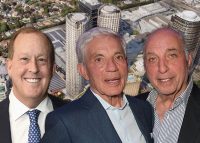 Michael Rosenfeld,,Simon Reuben and David Reuben, with a rendering of Century Plaza (Credit: Presley Ann/Getty Images, and Dave Benett/Getty Images)