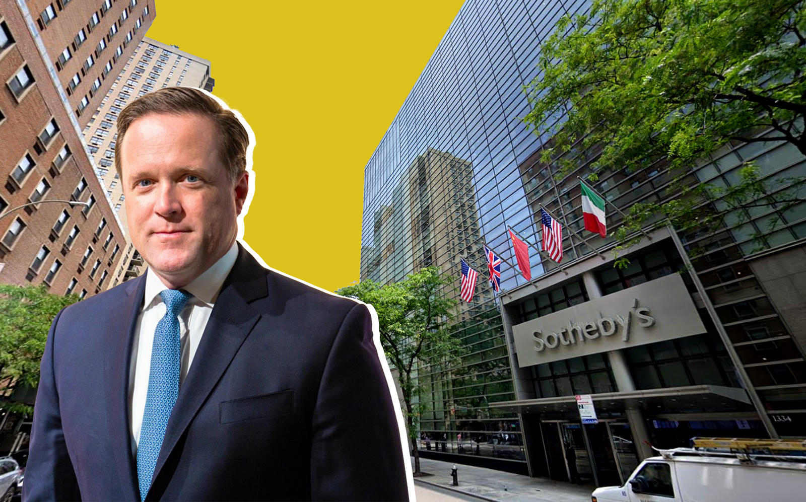 Sotheby’s CEO Charles Stewart and 1334 York Avenue (Sotheby's; Google Maps)