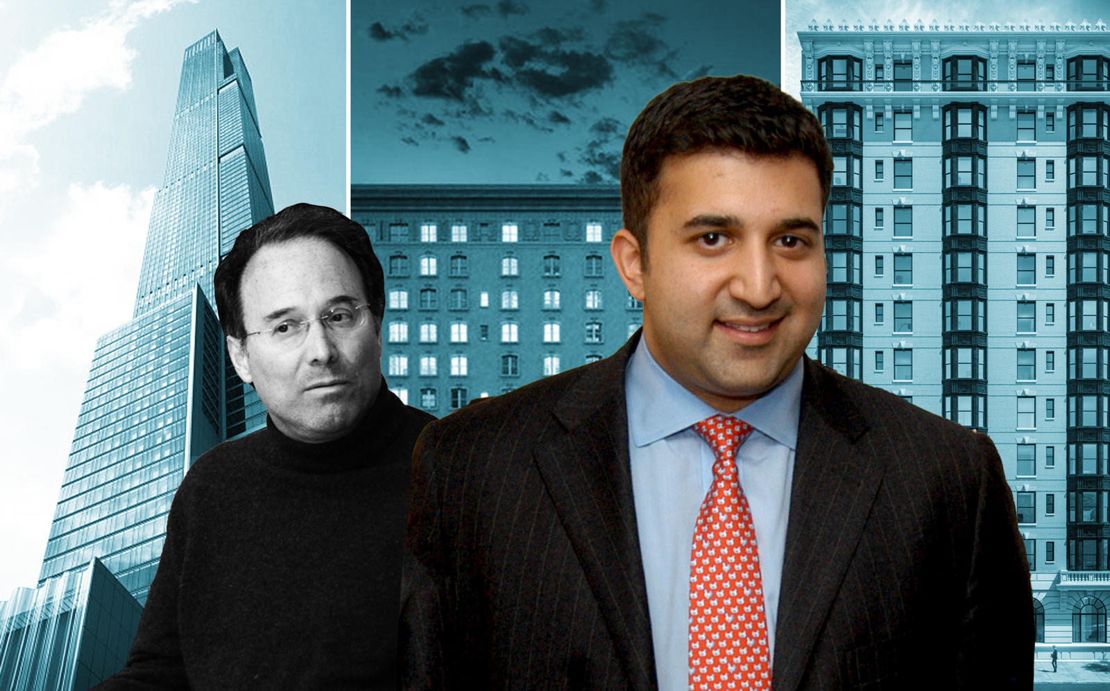 Gary Barnett and Sush Torgalkar with 225 West 57th Street, 225 West 86th Street, and 169 Columbia Heights in Brooklyn (Credit: Getty Images, iStock, and CityRealty)