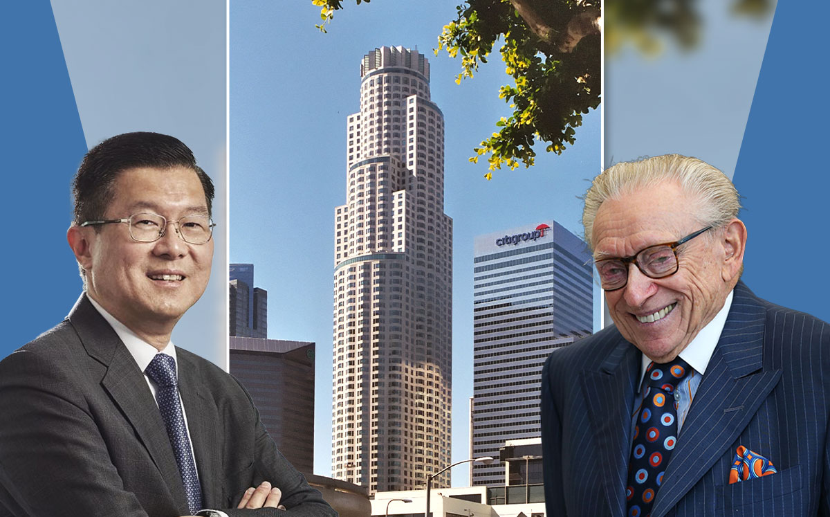 OUE Limited executive chairman and CEO Stephen Riady and Silverstein Properties’ Larry Silverstein, with US Bank Tower at 633 West Fifth Street (Credit: Spencer Platt/Getty Images, and Wikipedia)