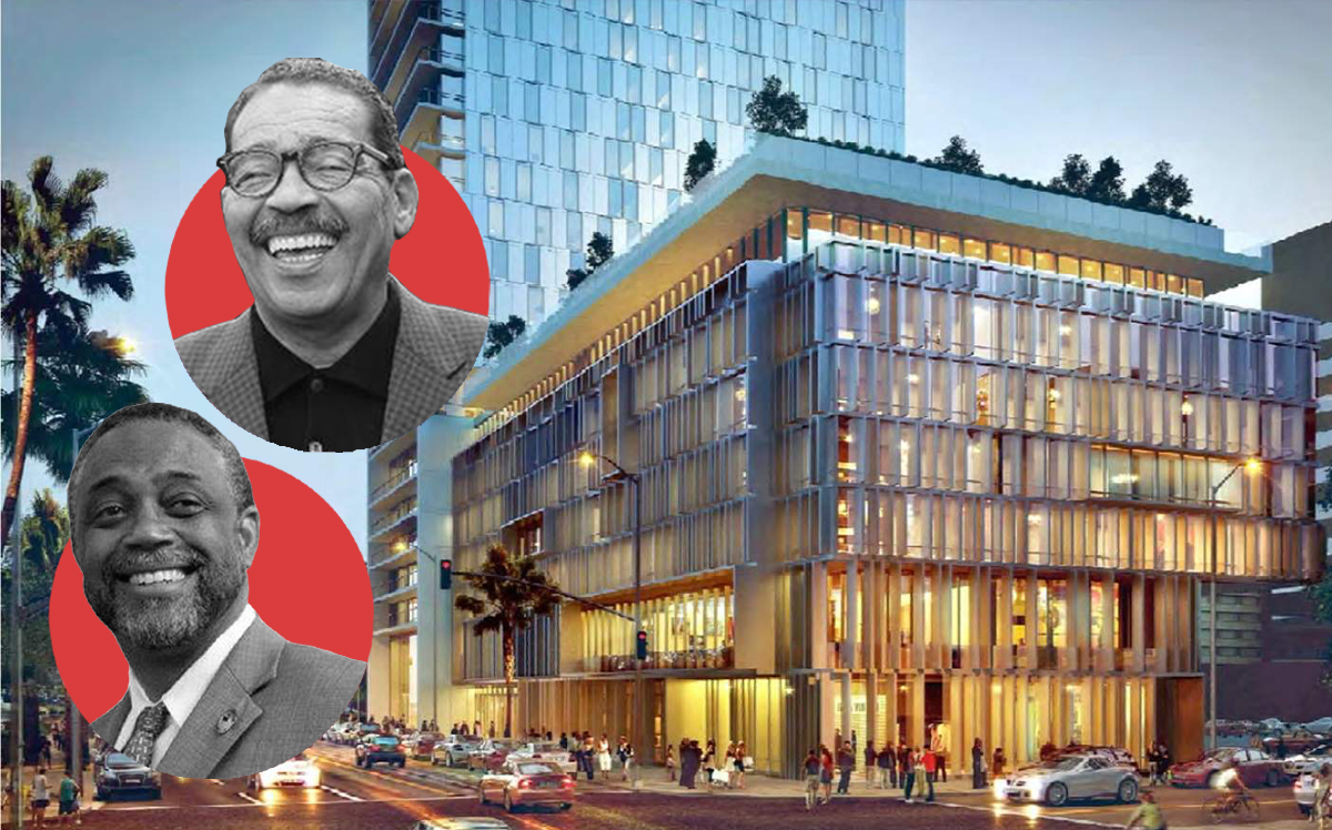 Herb Wesson (top) and Curren Price with a rendering of 3800 W 6th Street (Linkedin, Twitter, Large Arch)