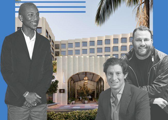 Pharrell, Eric Birnbaum and David Grutman with a rendering of the hotel (Getty, Linkedin, Goodtime Hotel)