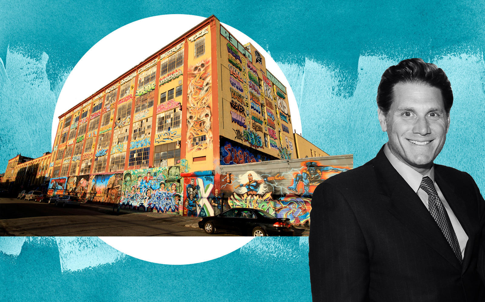 The 5Pointz warehouse with G&M Realty's David Wolkoff (Wikipedia Commons; Getty)