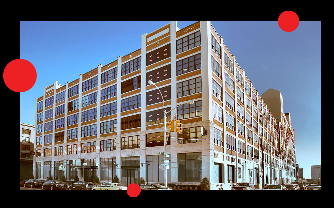The Factory building at 30-30 47th Avenue with Square Mile Capital’s Craig Solomon and Invesco CEO Marty Flanagan (Photos via The Factory; Square Mile; Invesco)