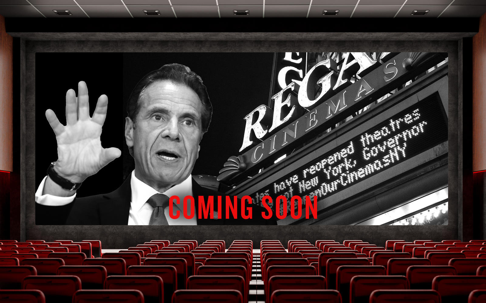 Gov. Andrew Cuomo announced that movie theaters in some New York counties can reopen, but NYC’s theaters are excluded for now. (Getty; iStock)