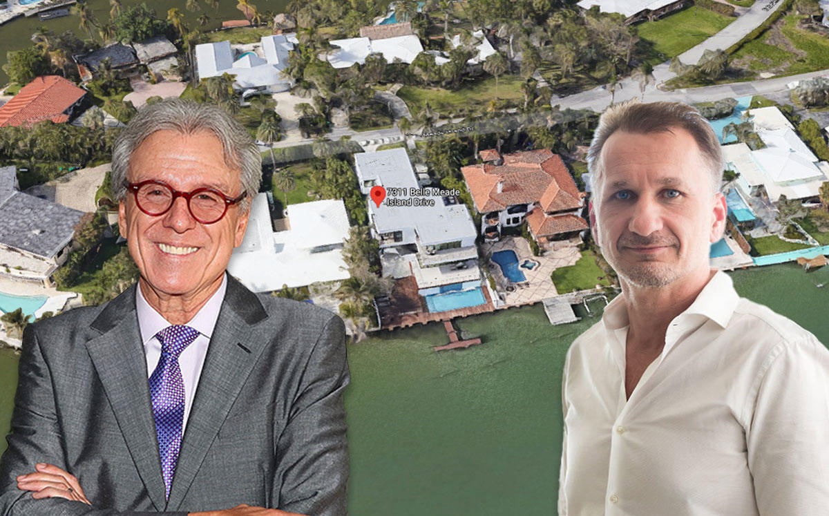 Patricio Wills of Televisa Studios, Pascal Nicolai, of Sabal Development, and 7311 Belle Meade Island Drive (Credit: Astrid Stawiarz/Getty Images, Google Maps)