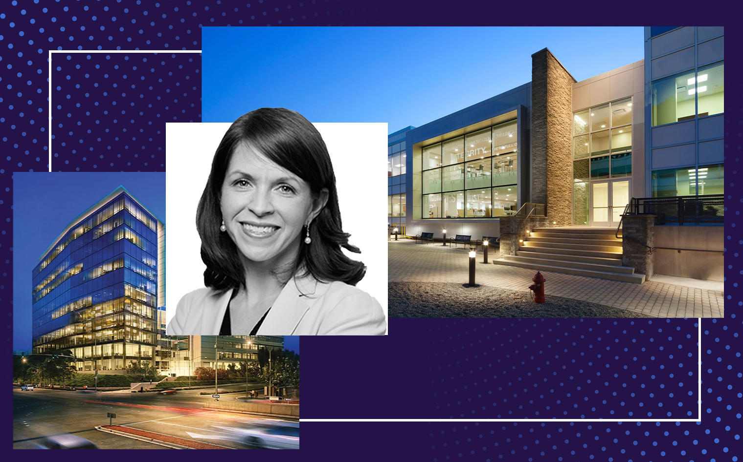 Blackstone’s Kathleen McCarthy with 440 Saw Mill River Road, Ardsley, New York and 1000 Gateway Boulevard in San Francisco, California (left) (Blackstone; BioMed Realty)