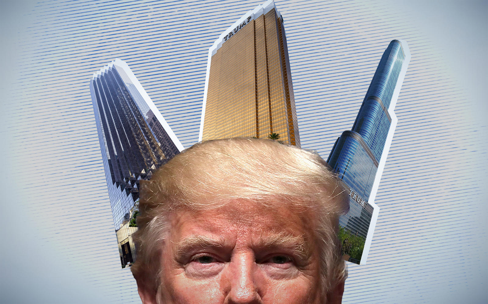 Donald Trump with Trump Tower in New York, Trump International Hotel Las Vegas and Trump International Hotel & Tower in Chicago (Getty; Pixabay)