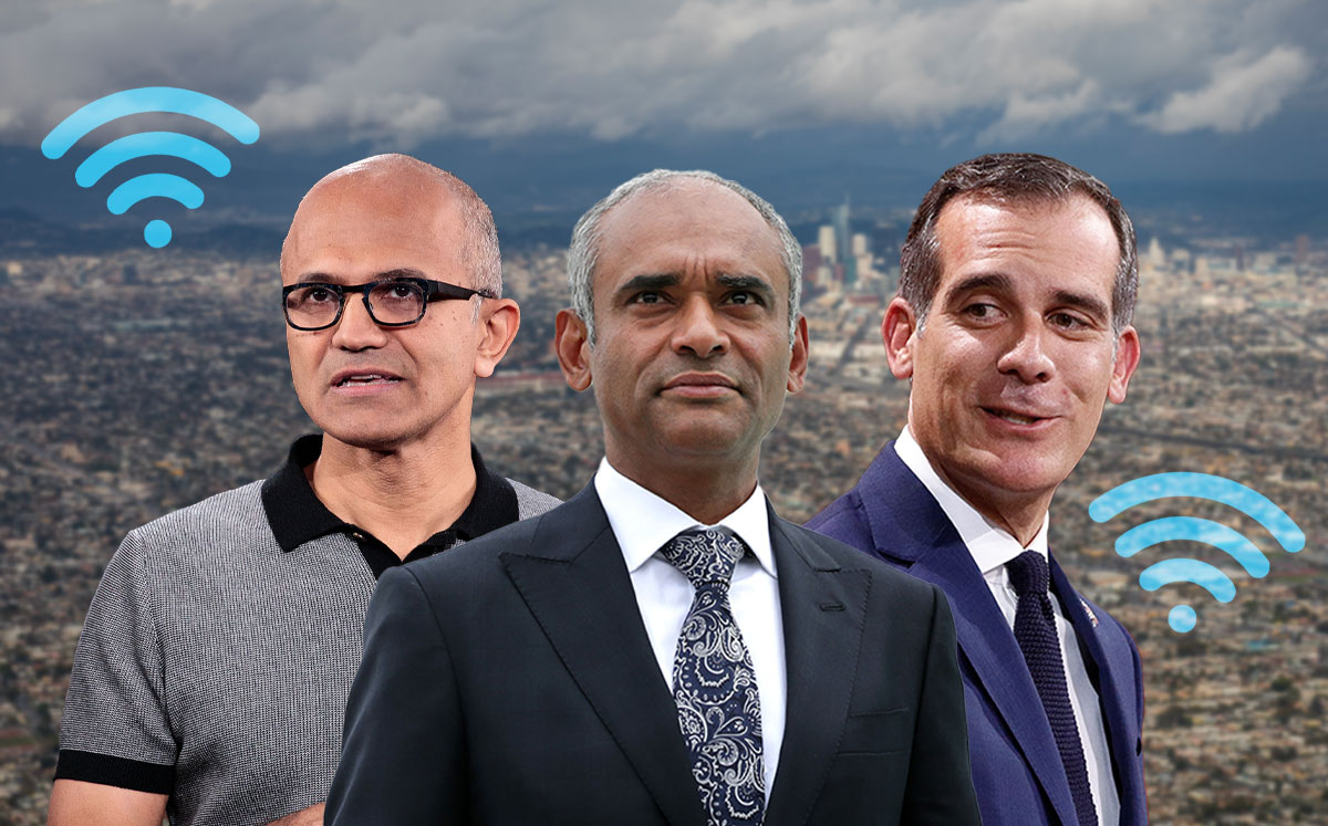 Satya Nadella, chief executive officer of Microsoft, Starry Internet CEO Chet Kanojia, and Los Angeles Mayor Eric Garcetti (Credit: Drew Angerer/Getty Images, Alex Wong/Getty Images, and Gabriel Rossi/Getty Images)