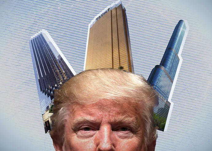Donald Trump with Trump Tower in New York, Trump International Hotel Las Vegas and Trump International Hotel & Tower in Chicago (Getty; Pixabay)