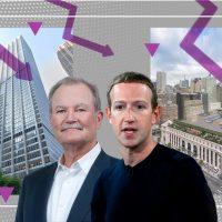 From left: 28 Liberty Street with AIG CEO Brian Duperreault and Facebook CEO Mark Zuckerberg with a rendering of the Farley Post Office building redevelopment (Getty Images, SOM)