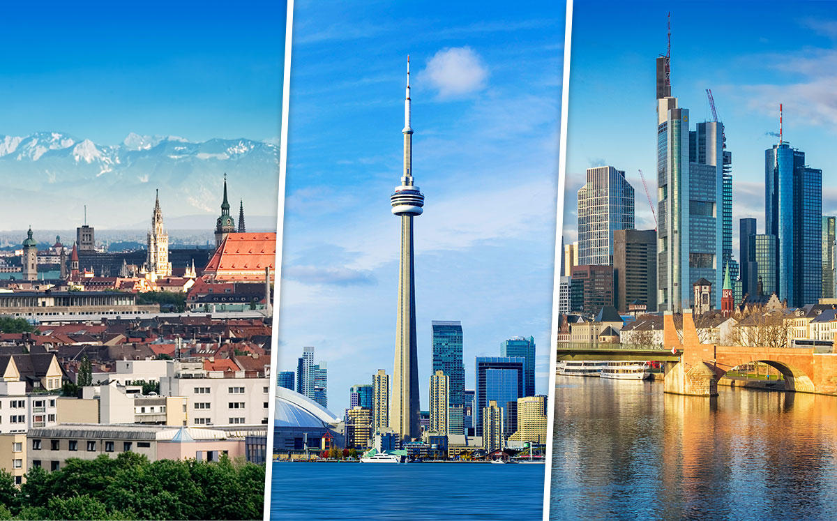 Munich skyline, Toronto skyline, and Frankfurt skyline (Credit: iStock)