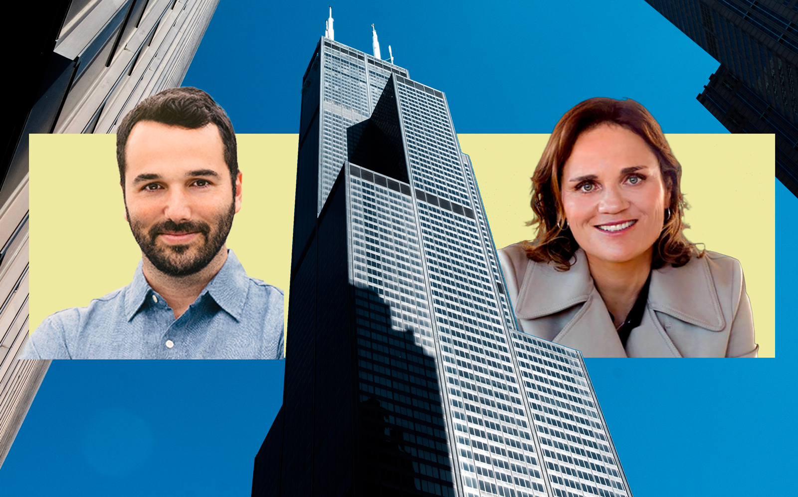 Jamie Hodari, CEO of Industrious and Lisa Picard, CEO of EQ Office with Willis Tower (Industrious; iStock, VTS)