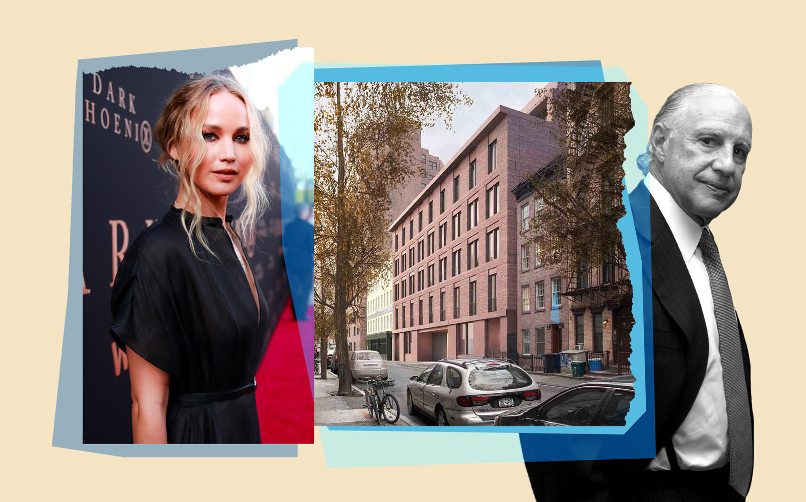  Jennifer Lawrence and 17 Jane Street with Edward Minskoff (Getty; Sciame Construction)