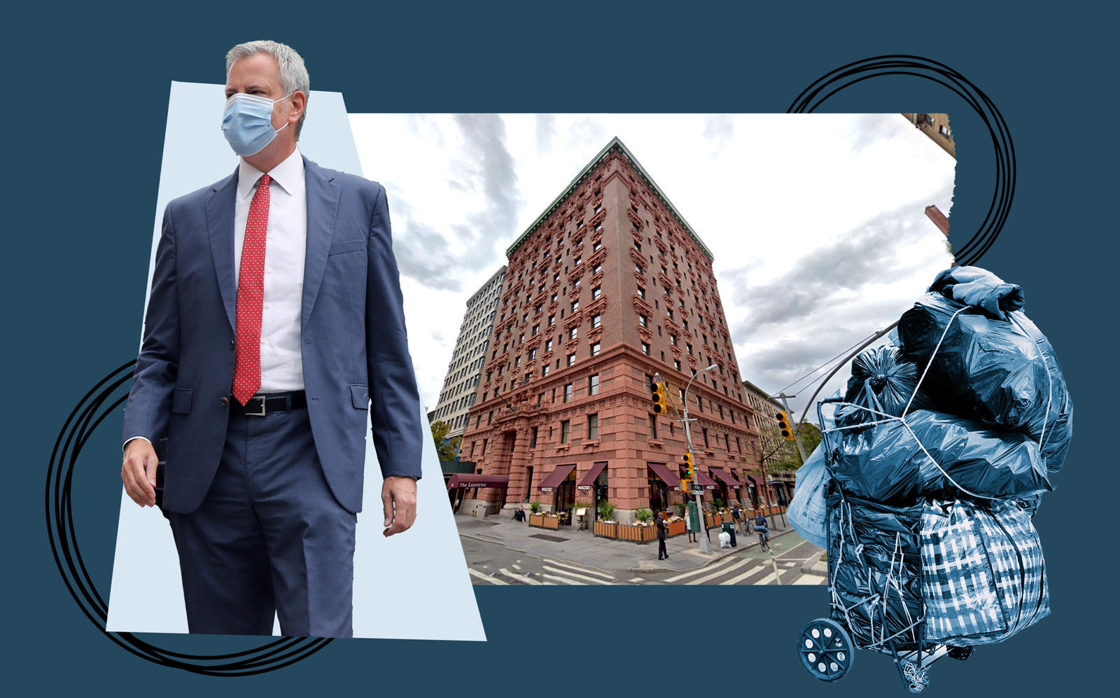 Mayor Bill de Blasio and the Lucerne Hotel at  201 West 79th Street (Getty; iStock; Google Maps)
