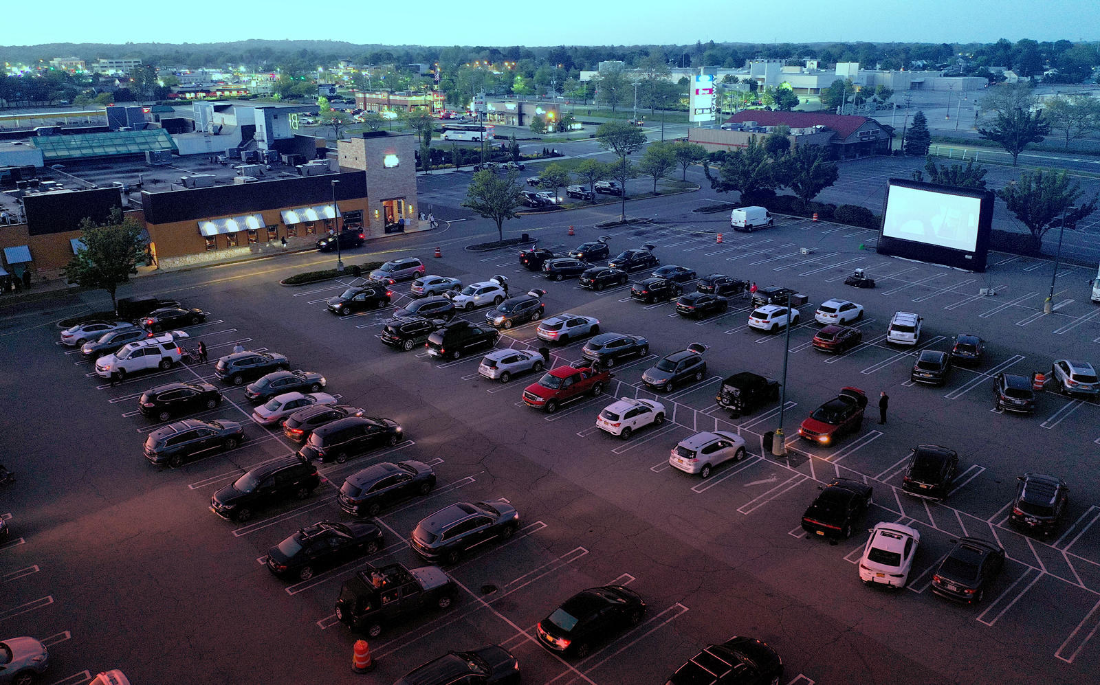 An aerial view of a pop-up drive-in theater built in the parking lot at the Broadway Commons in Hicksville, New York (Getty)