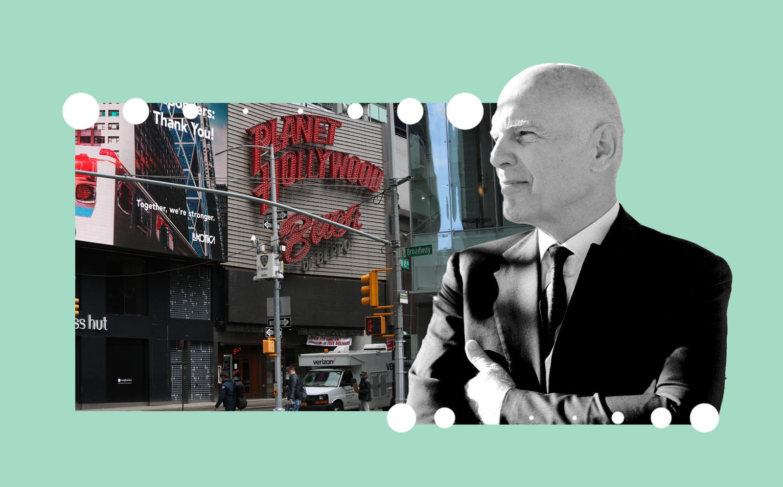 Planet Hollywood in Times Square and Vornado CEO Steven Roth (Photos via Getty; VNO)