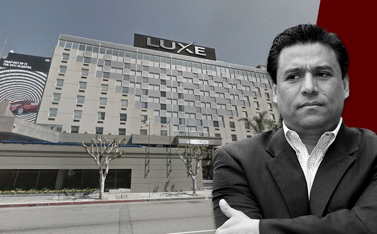 Jose Huizar and the Luxe Center hotel (Credit: Kirk McKoy/Los Angeles Times via Getty Images, and Google Maps)