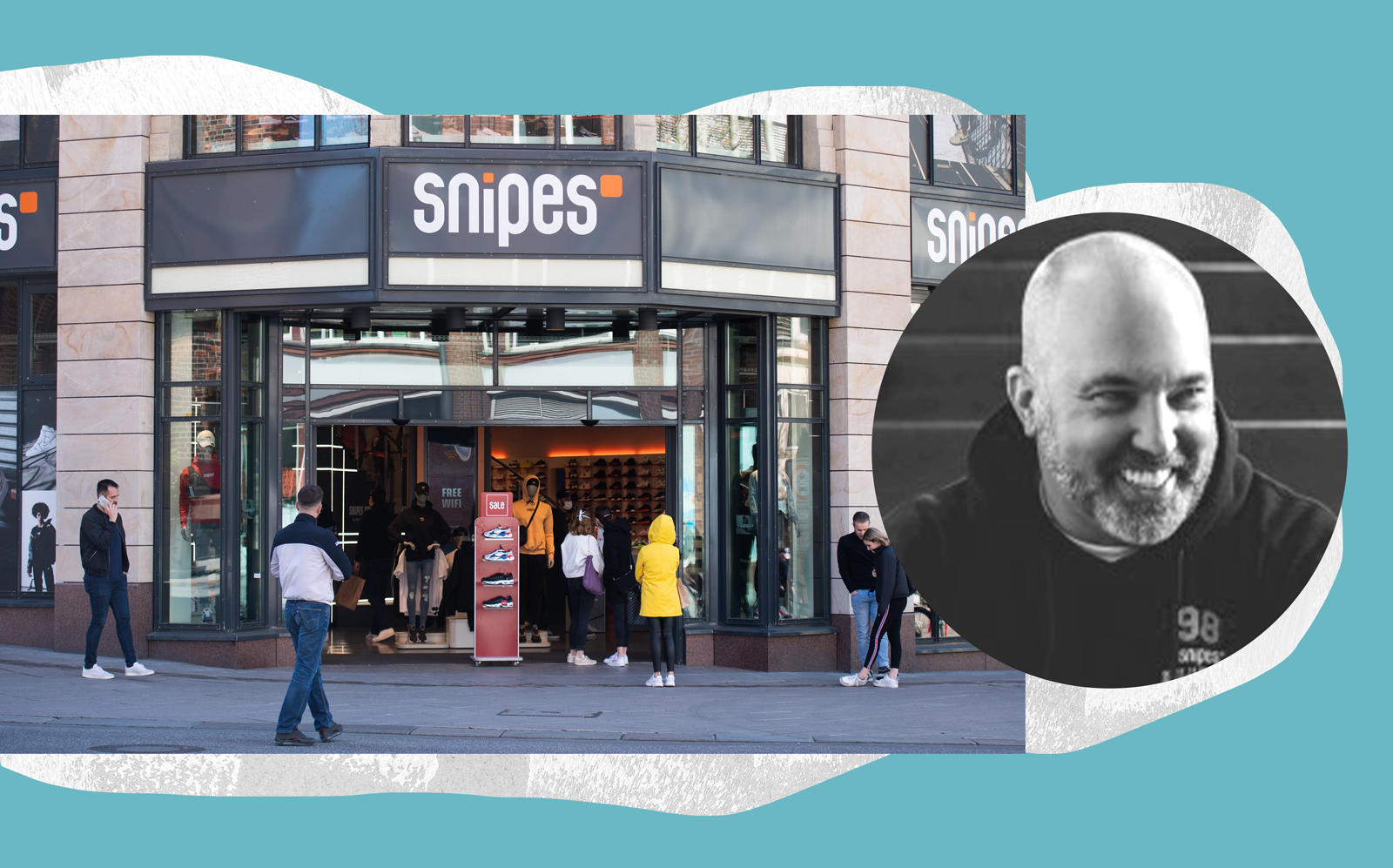 Snipes CEO Sven Voth with a Snipes storefront (Getty; LinkedIn)