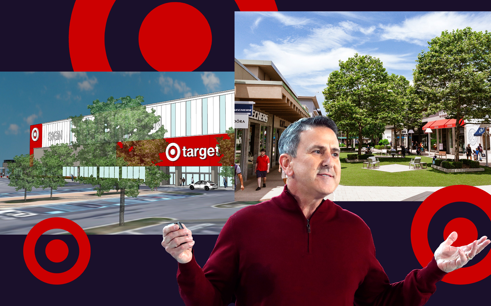 Renderings of Target at Cross County Center in Yonkers and Target CEO Brian Cornell (Photos via Marx Realty; Getty)