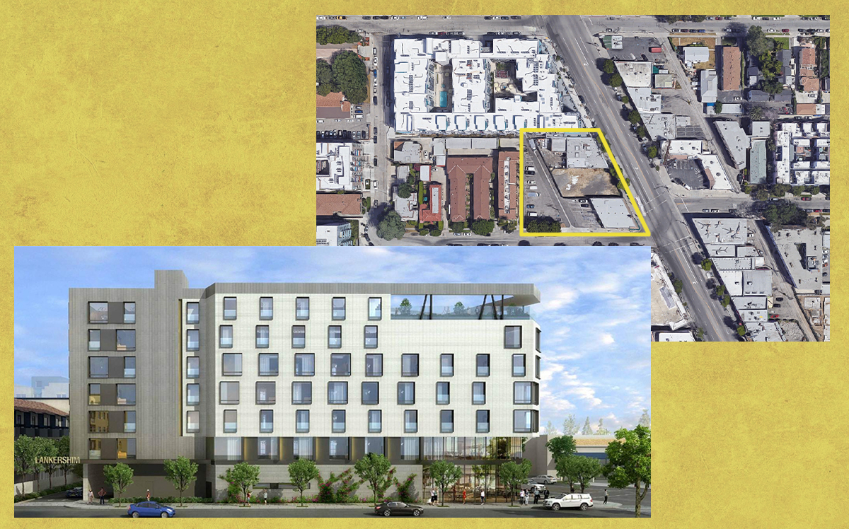 A rendering of the project and an aerial view of the property (AXIS/GFA via NoHo Neighborhood Association, Google Maps) 