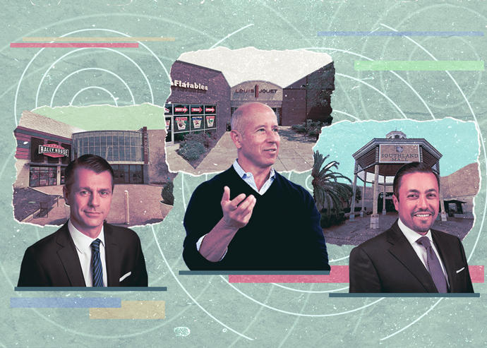 From left: Florence Mall in Kentucky and Brookfield’s Brian Kingston; Louis Joliet Mall and Starwood’s Barry Sternlicht and Southland Mall in Cutler Bay and Investcorp’s Hazem Ben-Gacem (Google Maps, Brookfield, Getty, Investcorp)