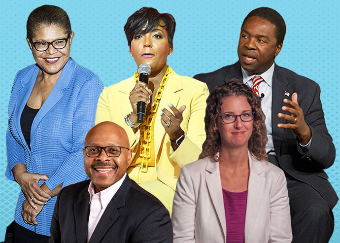 Clockwise from top left: California Rep. Karen Bass; Atlanta Mayor Keisha Lance Bottoms;  Former Jacksonville Mayor Alvin Brown, National Low Income Housing Coalition president and CEO Diane Yentel; and Local Initiatives Support Corporation president and CEO Maurice Jones (Getty)