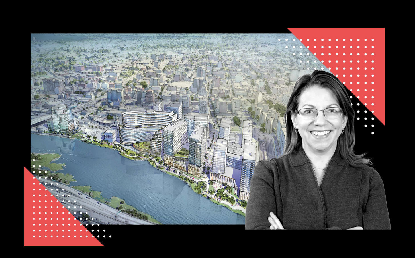 A rendering of the Flushing waterfront and City Planning commissioner Michelle de la Uz (Rendering via Hill West Architects; New York Housing Conference)