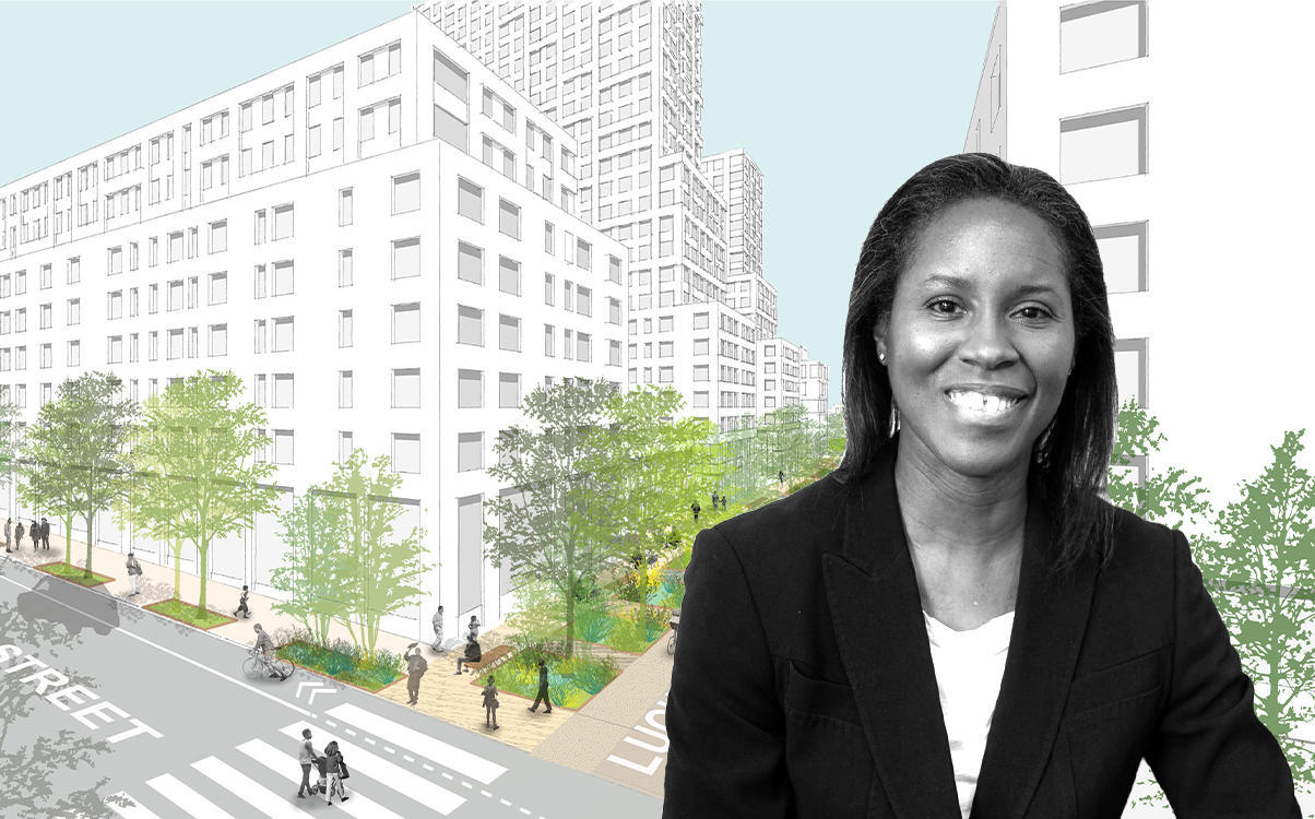 A rendering of Gowanus Green and HPD commissioner Louise Carroll (Rendering via Jonathan Rose Companies)