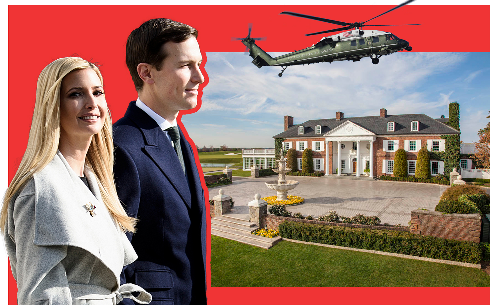 Ivanka Trump and Jared Kushner with the Trump National Golf Club in Bedminster (Getty; Trump Org)