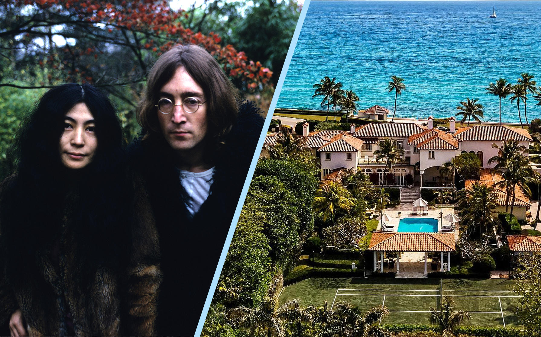 Yoko Ono and John Lennon with 720 South Ocean Boulevard (Getty Images; Zillow)
