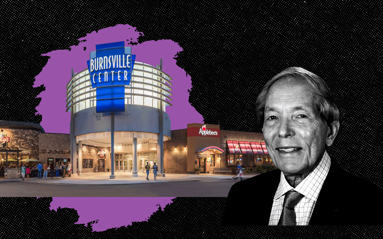 The Burnsville Center Mall in Minnesota and CBL Properties founder Charles B Lebovitz (Photos via Facebook; CBL Properties)