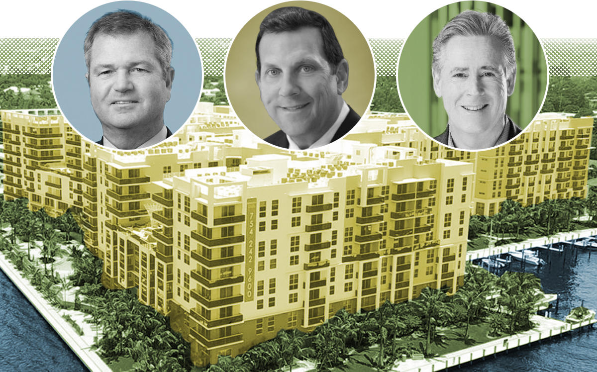 From left to right: 3333 South Port Royale Drive in Fort Lauderdale with Invesco CEO Martin Flanagan, Northwestern CEO John Schlifske and Mill Creek CEO William MacDonald (Invesco, Northwestern, Mill Creek)