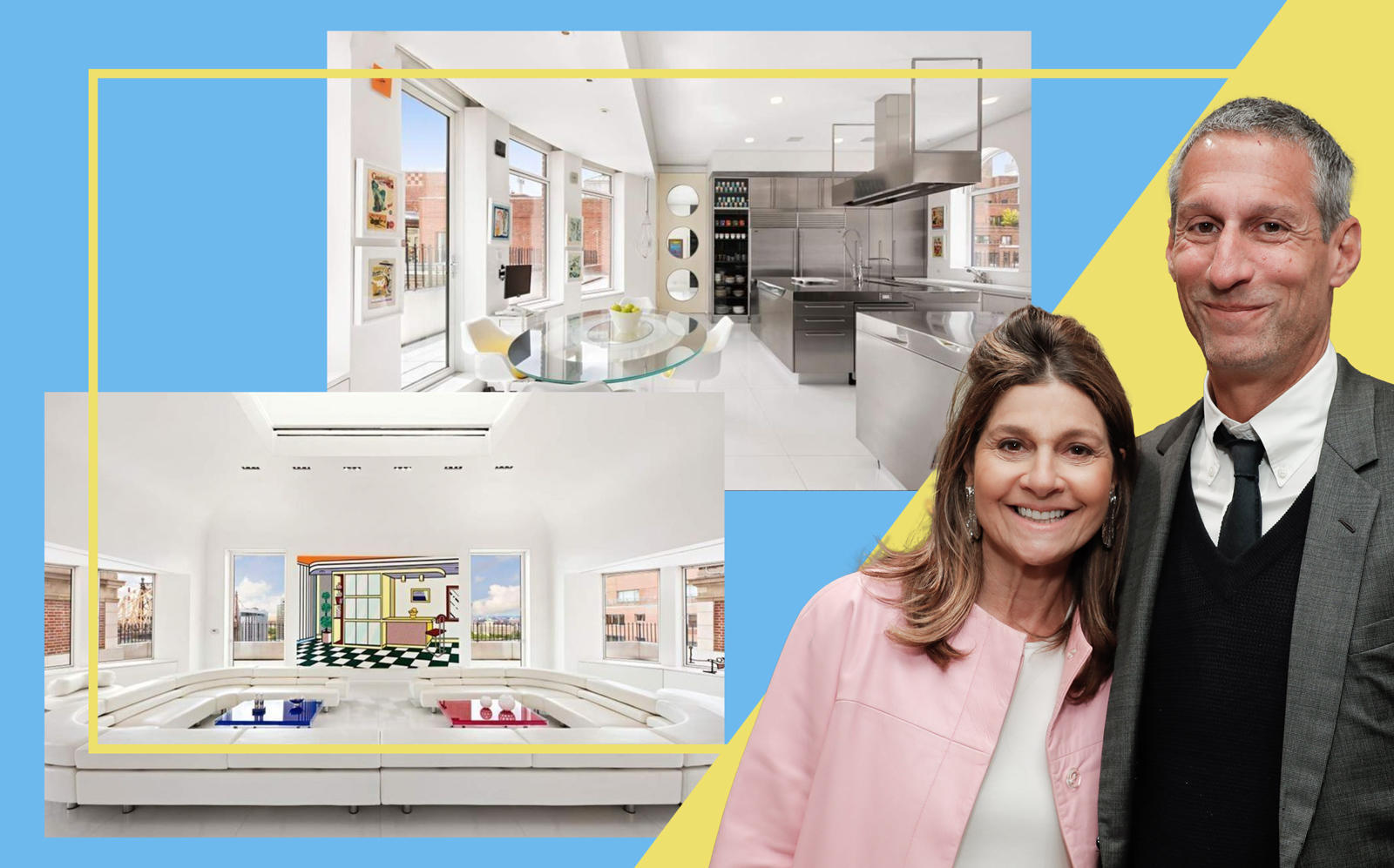 Lisa and Richard Perry with 1 Sutton Place South (Photos via Getty; StreetEasy/Sotheby's)
