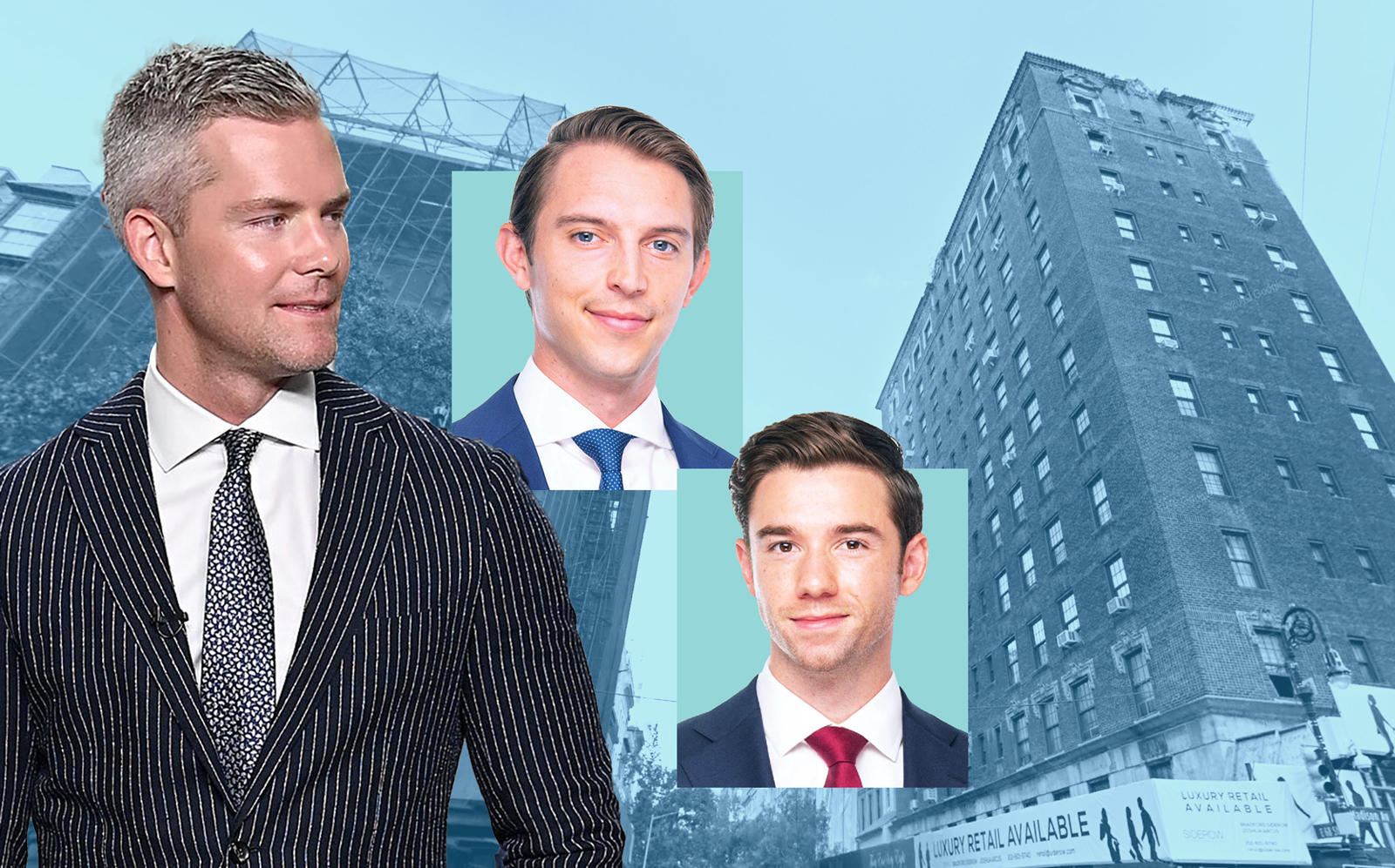 Ryan Serhant and B6 Advisors' Zach Redding and Dylan Kane with 809 Madison Avenue (Getty; Google Maps; B6)