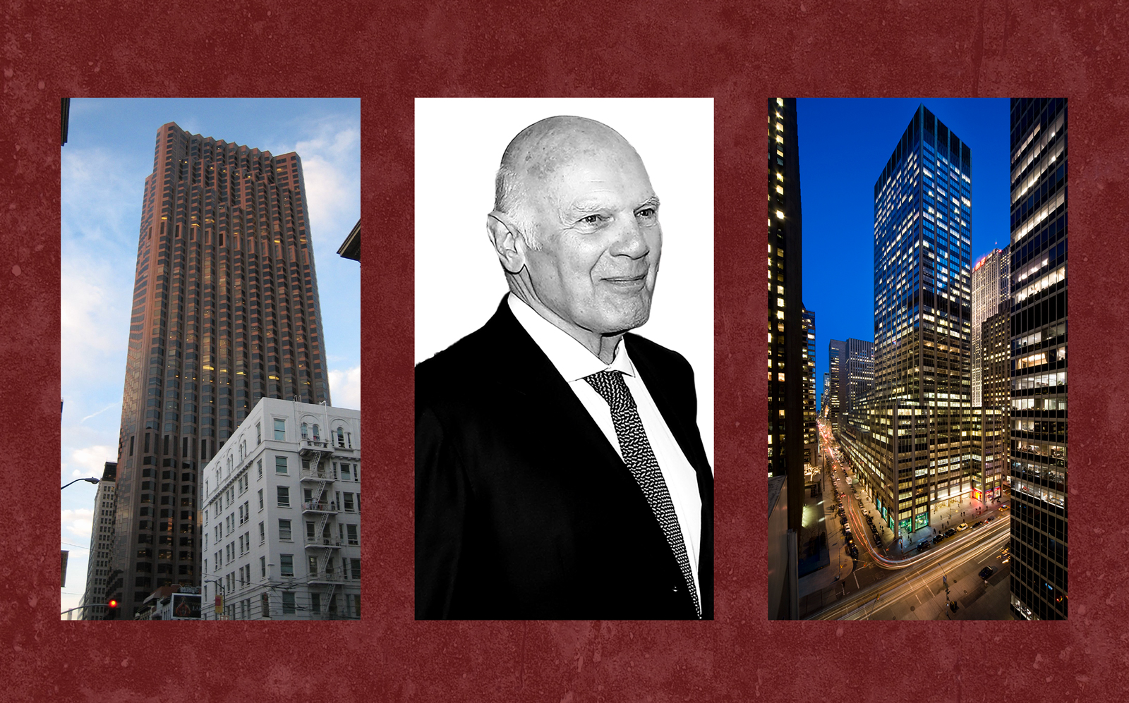 From left: 555 California Street in San Francisco, Vornado CEO Steven Roth and 1290 Sixth Avenue in Manhattan (Photos via Wikipedia Commons; Getty; Trump Org)