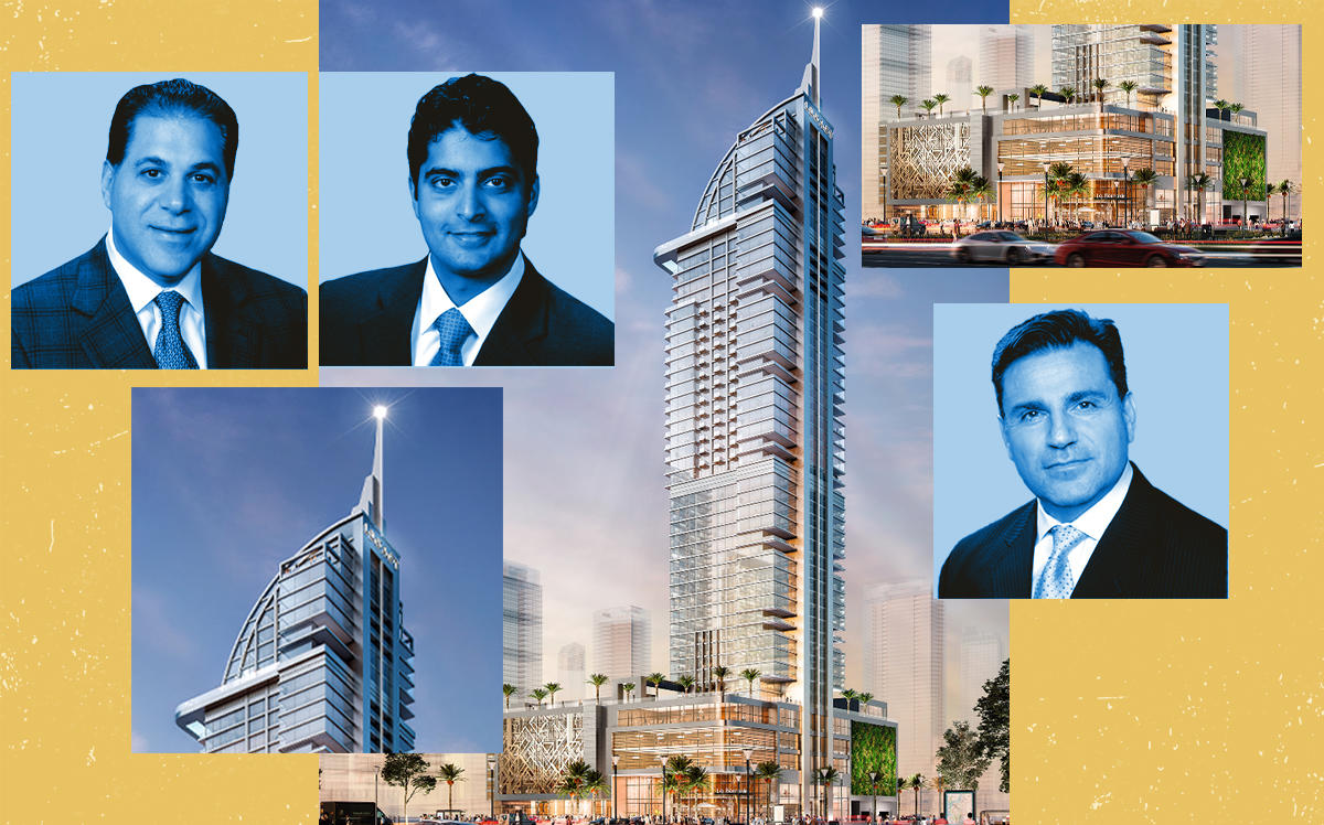  Miami Worldcenter Associates developers Art Falcone and Nitin Motwani and RPC’s Dan Kodsi with a rendering of the project (Royal Palm Companies)
