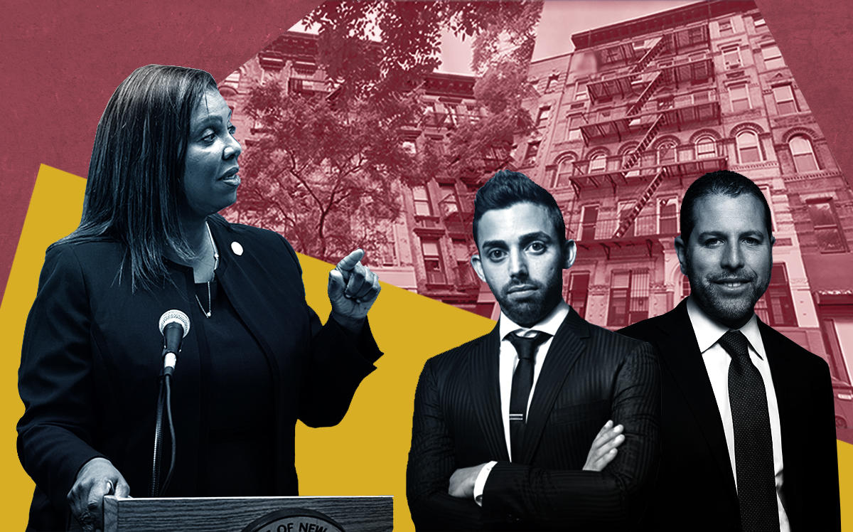 From left: Letitia James, Raphael Toledano and Josh Zegen with 223 East 5th Street and 325 East 12th Street (Getty, Google Maps)