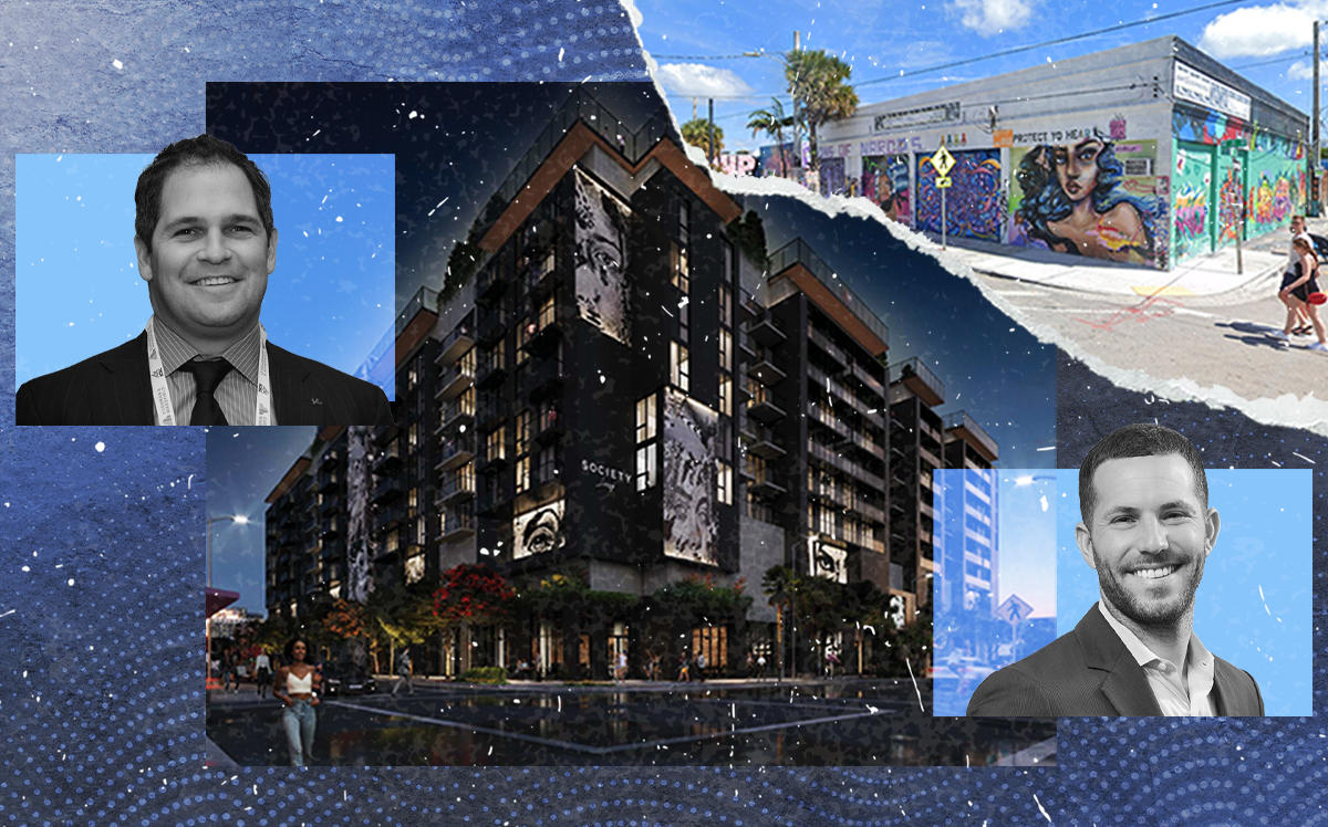 Ben Bernstein and Ryan Shear with a rendering of the project at 2407 Northwest 2nd Avenue, Miami (RedSky, PMG, Google Maps)