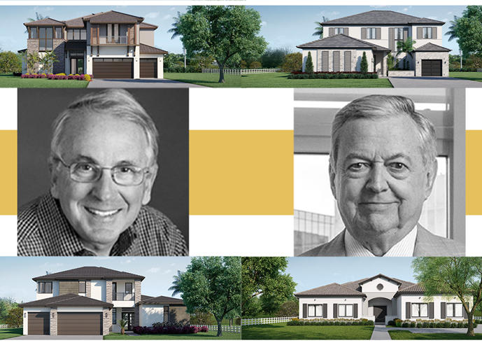 Jim Carr and Armando Codina with renderings of the homes (CC Homes)