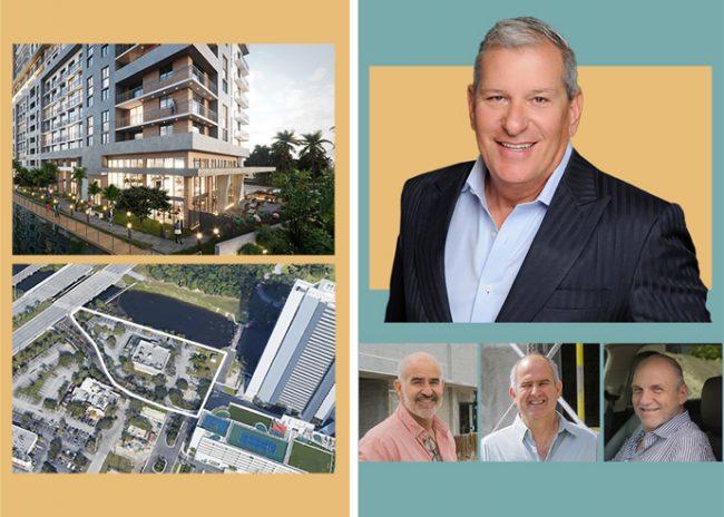 16395 Biscayne Boulevard and a renderings of the project with (top) Robert Suris and (from left) Mike Mouriz, Reinaldo Mouriz and Enrique Puig (Google Maps, Estate Cos.)