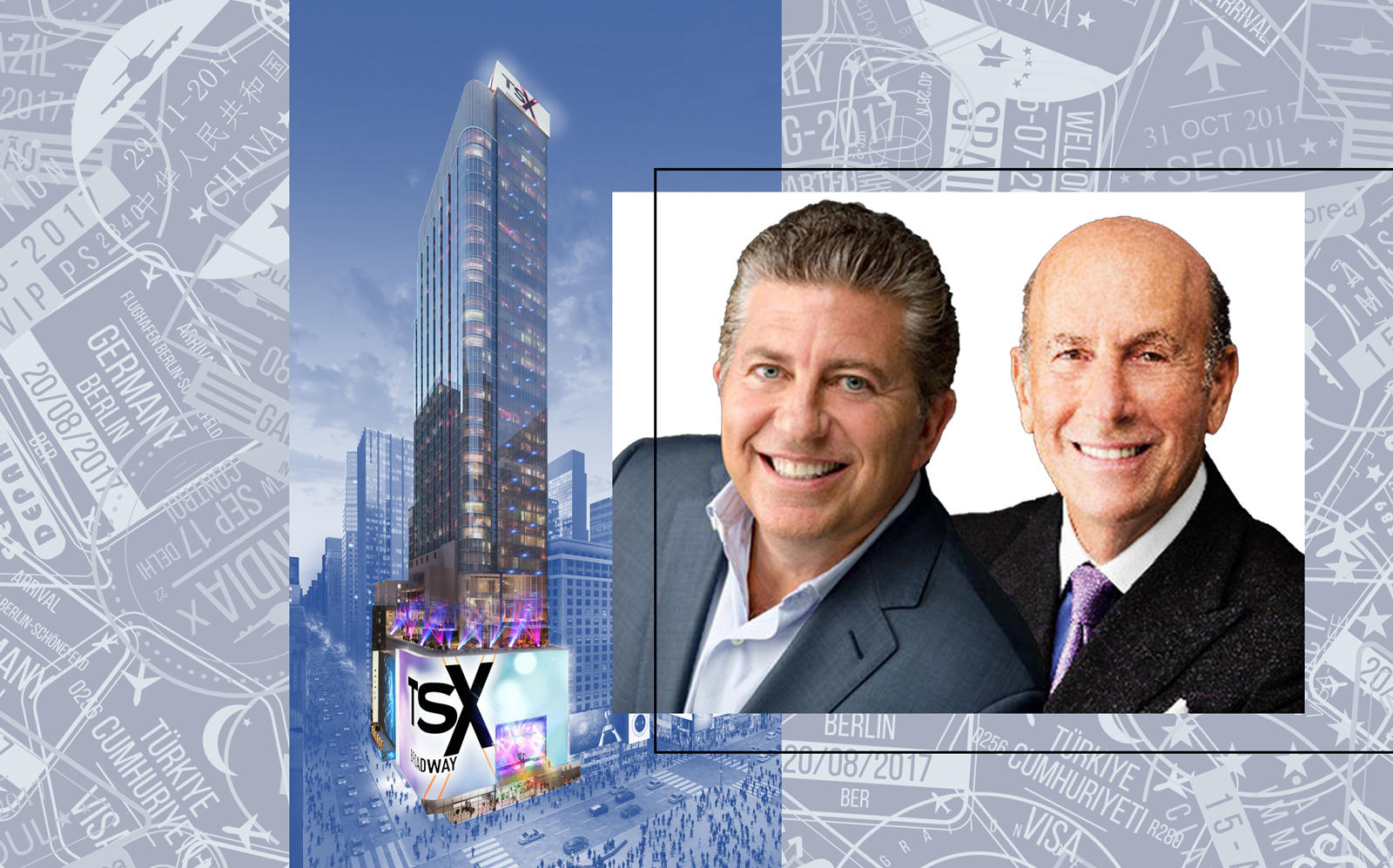 A rendering of TSX Broadway with L&L Holding's Robert Lapidus and David Levinson (Photos via L&L)